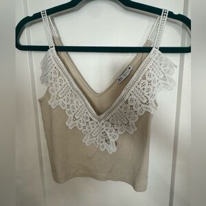 Zara Beige Contrast White Lace Detail Sleeveless Tank Top - Size S